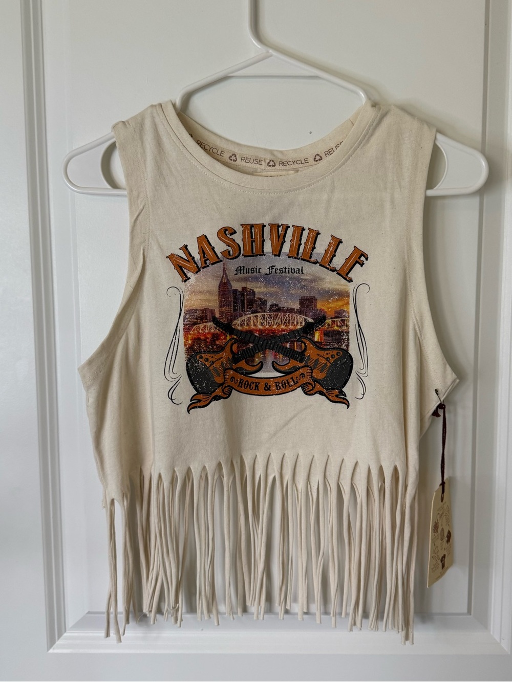 Recycled Threads Nashville Fringe Crop Tank - Cream Graphic